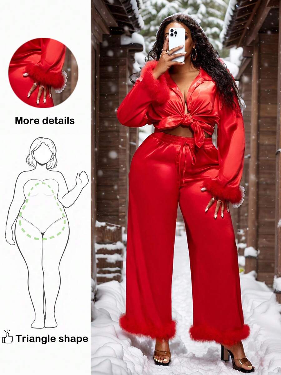 Truni Plus Size Women Solid Color Faux Fur Cuff Single-Breasted Top And Wide Leg Pants Elegant 2 Pieces Set, Winter, For Pear Triangle Body Shape - Red - View 1