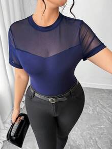 Elenzga Plus Size Women Solid Color Mesh Patchwork Round Neck Short Sleeve Fitted T-Shirt - Navy Blue - View 4