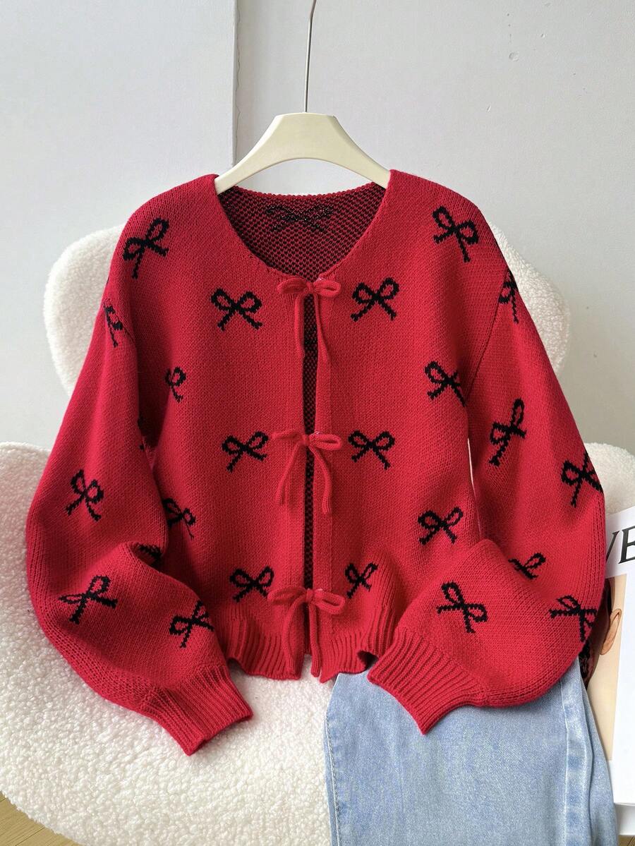 SHEIN Girls' Round Neck Pullover Green Christmas Embroidered Floral Sweater, Autumn - Grey - View 1