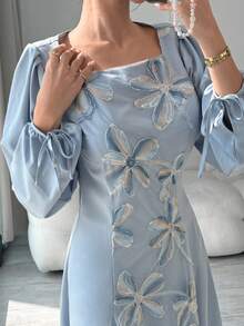 Yasmyna 女士优雅方领阿拉伯风格连衣裙 - 藍色 - 查看 3