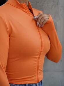 SAYEHFBABY Casual Basic Zip Collar V-Neck Long Sleeve Tight Fit Stretchy Jacket Top For Women, Autumn/Winter,Fall - Orange - View 3