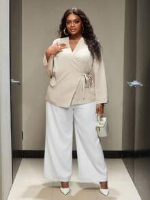 Truni Elyhuante_03 Plus Size Solid Color Tie Side Blazer In Fall/Winter, For Pear Triangle Body Shape - Black - View 7