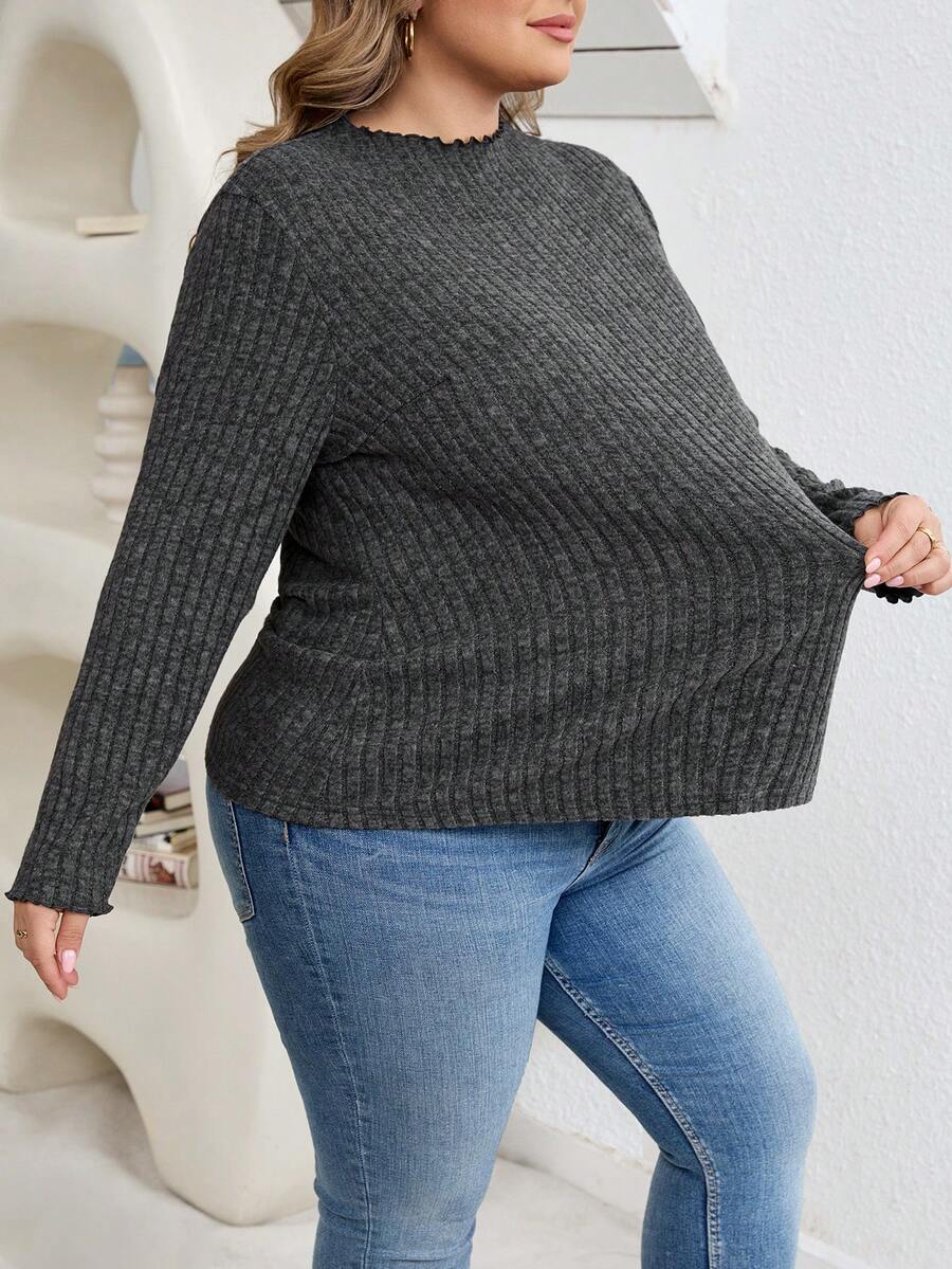 SHEIN CURVE+ 大码女式黑色高领长袖T恤,秋季基础款上衣 - 深灰色 - 查看 1