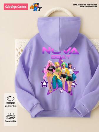 GraphicGems Gemütlicher Herbst- & Winterstil für Kleine Tween Mädchen, lässige Mode, kreativ, personalisiert, frisch, minimalistisch, cool, virtuelle Tween Mädchengruppe, buntes Pentagramm-Logo, grafischer Muster, bequemer Hoodie-Sweatshirt, geeignet für Herbst/Winter