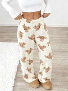 Tween Girl Casual Cartoon Pattern Drawstring Waist Teddy Fleece Long Pants, Autumn/Winter Cute Sweatpants Teddy Bear Print Pants