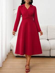 SHEIN Lady Elegant Commuter Solid Color Waist Cinched Burgundy Dress - Burgundy - View 5