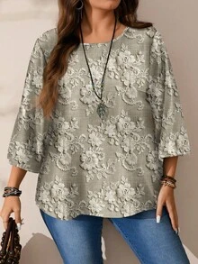 EMERY ROSE 大码女式优雅蕾丝印花宽松圆领七分袖上衣，休闲印花，秋冬款 - 彩色 - 查看 3