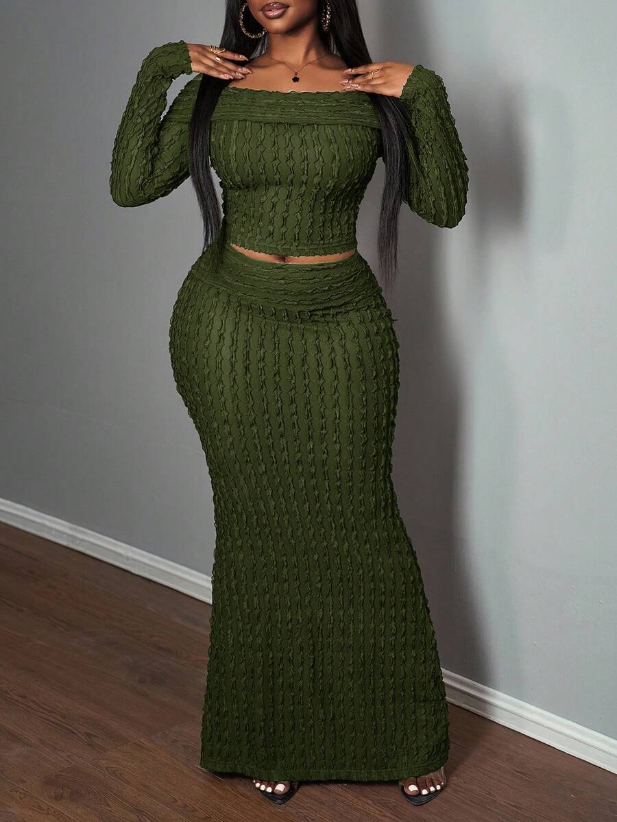 Slaydiva 优雅派对露肩长袖上衣和半裙女士两件套 - A - 軍綠色 - 查看 1