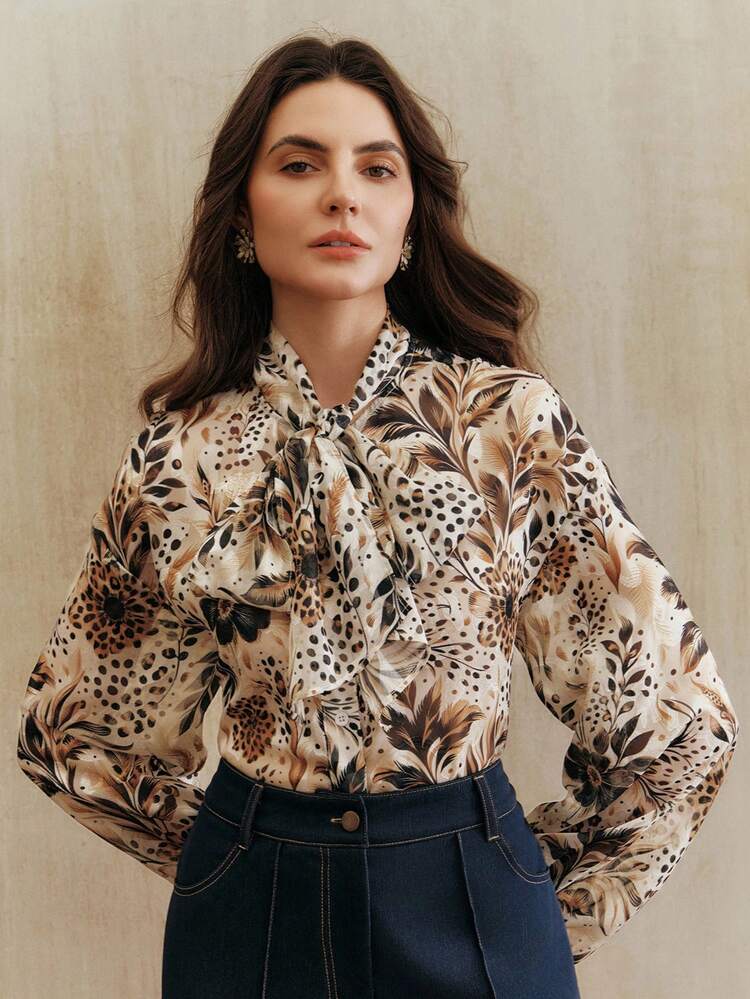 Fashionable, Versatile & Elegant Printed Tie-Up Long Sleeve Women Blouse