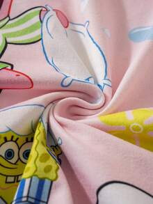 SpongeBob SquarePants | SHEIN Tween Girl Cartoon & Floral Print Lapel Front Open Loose Fit Long Sleeve Top And Pants Autumn/Winter Flame Retardant Pajama Set - Pink - View 8