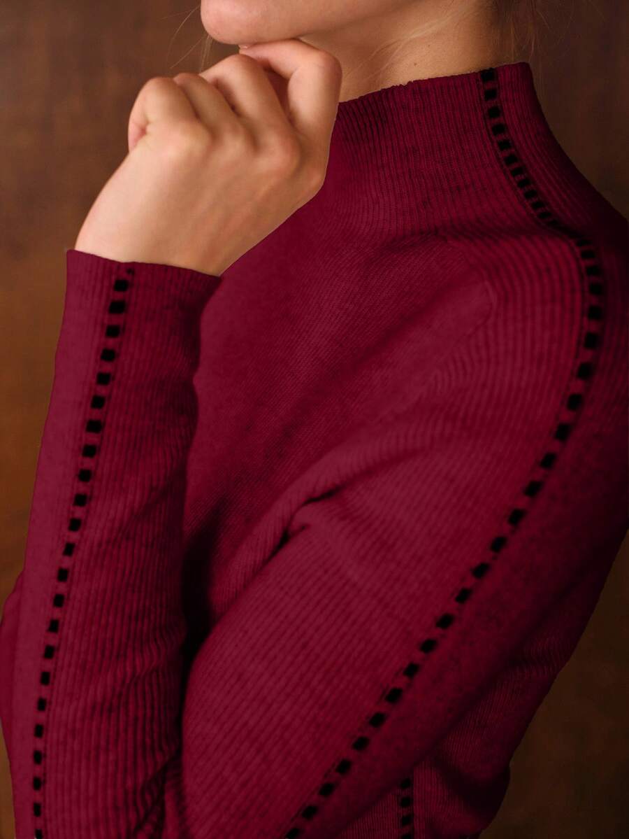 MOTF PREMIUM 100% KNITTED TURTLENECK CONTRAST COLOR DECORATION SLIM FIT KNITTED TOP, AUTUMN/WINTER - Red - View 2