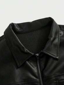 EASEVO 加大码男士休闲时尚街头风PU皮革拼接口袋拉链夹克，秋季款 - 黑色 - 查看 5