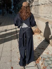 FRIFUL Women's Casual Fashion Street Loose Drop Shoulder Denim Shirt And Wide Leg Jeans Set, Spring/Autumn