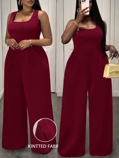 Slaydiva Elegant & Casual Commute, Slim Solid Black Sleeveless Wide Leg Jumpsuit For Plus Size Women