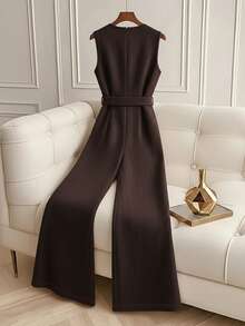 GlowEve 女士休闲无袖V领人字纹面料连体裤，适合居家穿着，秋冬季 - 棕色 - 查看 2