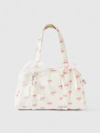 Kawaii Pink Corduroy Bow Fashion Tote Bag, Women Handbag With Bow & Heart Print, Cute Bow Bag For Women, Perfectly Matching With Fall Outfits Women