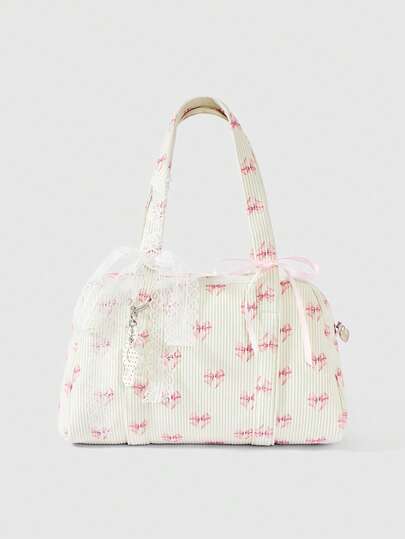 Kawaii حقيبة يد وردية من الكوردوروي مزينة بفيونكة، حقيبة نسائية مع طبعة فيونكة وقلب، حقيبة فيونكة جميلة للنساء، تتناسب بشكل مثالي مع ملابس الخريف للنساء