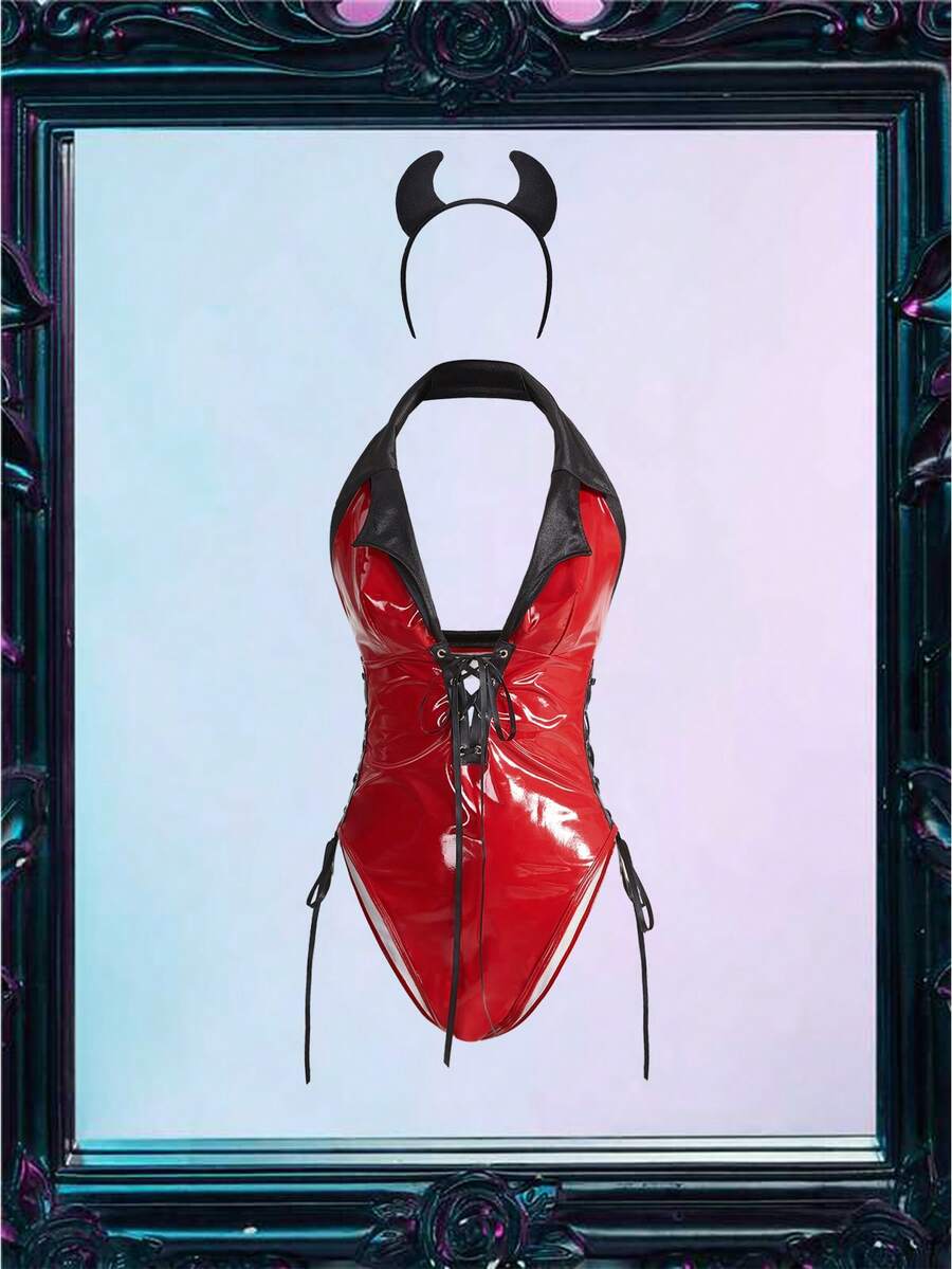 2 sztuki/zestaw kostiumu damskiego (body i nakrycie głowy) - Czerwony - Zobacz 1