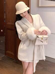 DAZY 女士羊毛大衣，配有毛绒拼布纯色抽绳腰带，适合情人节夹克 - 米色 - 查看 4