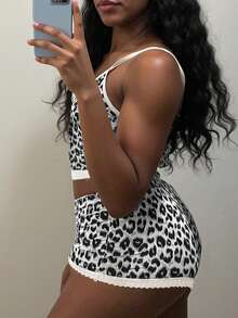 女士性感时尚街头豹纹撞色蕾丝修身露脐吊带背心和短裤套装 - 灰色 - 查看 2