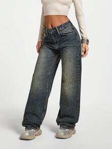 SHEIN PETITE Petite LOW WAIST CASUAL STYLE DENIM STRAIGHT - Medium Wash - View 4