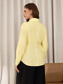 Auralis Plus Size Ruched Front Button Long Sleeve Shirt,Office Lady Elegant Yellow Autumn Everyday Blouse,Versatile Basic Spring Women Blouse For Work - Yellow - View 2