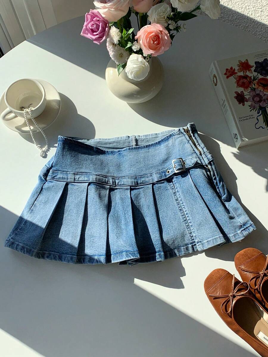 Comfortcana 女士休闲搭扣褶裥牛仔开衩裙裤 - 藍色 - 查看 1