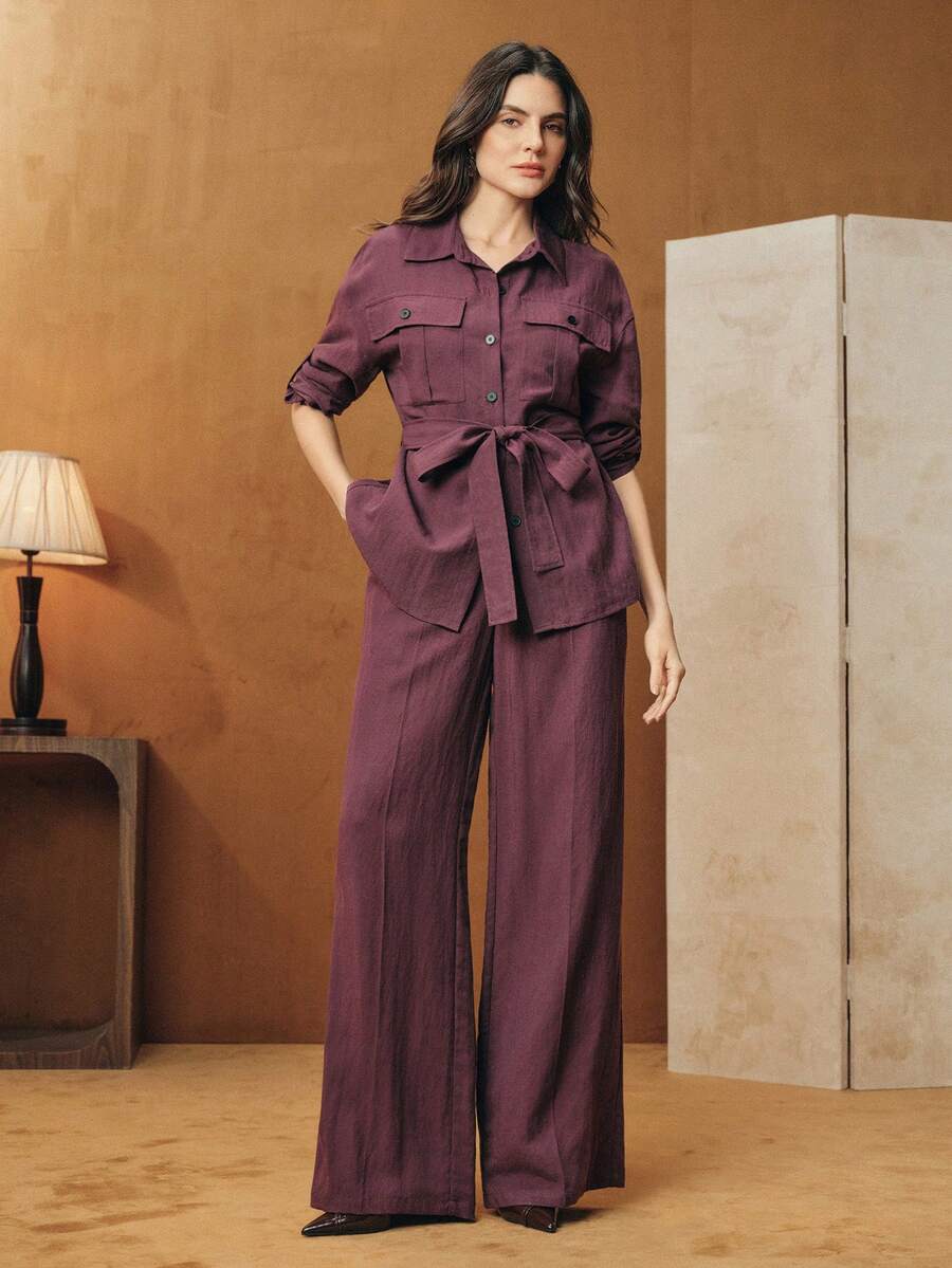 Anewsta 2pcs/Set Autumn/Winter Lace-Up Waist Utility Shirt + Wide Leg Pants Suit - Purple - View 1
