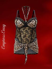 EmpressEnvy Conjunto de dos piezas de body de cuello halter con estampado de leopardo y encaje negro para mujer de talla grande, atuendo sexy y elegante para citas urbanas, vacaciones y parejas - Negro - Ver 8