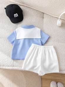 4pcs Baby Boy Blue Summer Elegant Vacation Holiday Gentleman Outfit,Striped Short Sleeve Shirt,Elastic Waist Shorts,Shawl&Belt For Birthday,Wedding - Multicolor - View 3