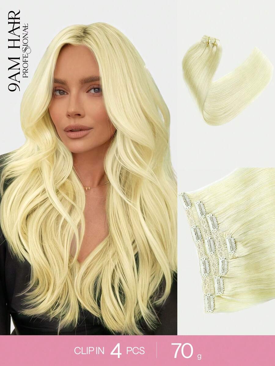 Przedłużki do włosów Clip-In, brazylijskie, proste, z naturalnych włosów, 14-20 cali, kolor naturalny, 4 szt., 70-80 g/sek. - S60 - Zobacz 1