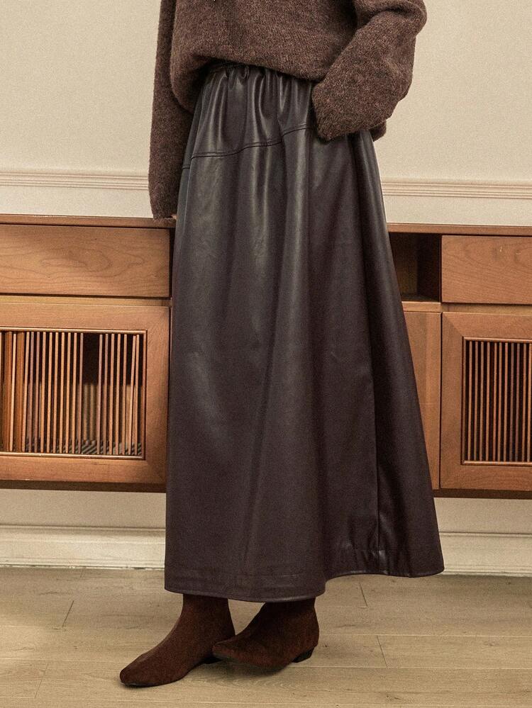 Women's Solid Color Elastic Waist PU Leather A-Line Skirt Business Casual Woman