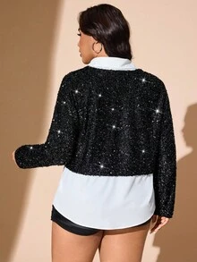 Truni Sometimesglam Plus Size Women's Fashionable Shiny Long Sleeve Versatile Blouse, Autumn/Winter, For Pear Triangle Body Shape - Black and White - View 2