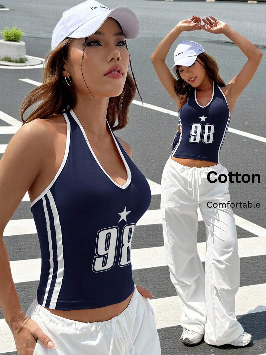 SHEIN EZwear Women's Knitted Digital Printed Halter Neck Tank Top For Summer - Navy Blue - View 1