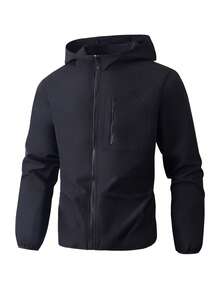 1pc Teen Boy's Casual Basic Minimalist Style Chest Pocket Design Hooded Zip-Up Jacket, Suitable For Leisure, School, Sports And Outdoor Wear Fall Winter - Black - View 1