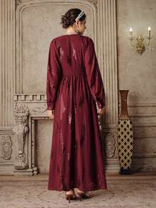 Anewsta Elegant Sequined Chiffon Long Sleeve Dress, Burgundy, High-End, Suitable For Parties, Banquets And Dates, Flattering Waistline, Long Length, For Women - Burgundy - View 7