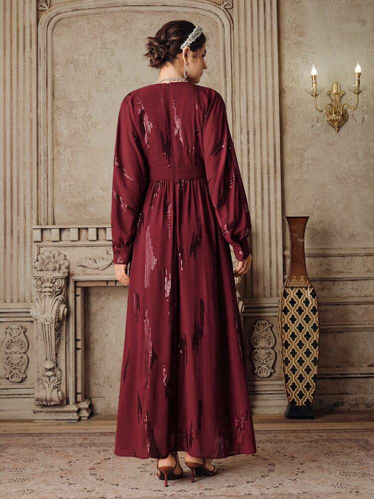 Elegant Sequined Chiffon Long Sleeve Dress, Burgundy, High-End, Suitable For Parties, Banquets And Dates, Flattering Waistline, Long Length, For Women