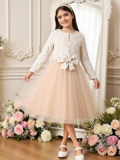 2pcs/Set Tween Girl Outfit, Includes Jacquard Woven Round Neck Sleeveless Vest, Mesh Bowknot Dress, And Long Sleeve Cardigan, Versatile Casual Wear For School, Autumn