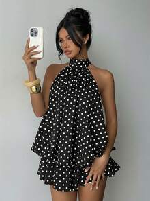Aloruh Women's Elegant Polka Dot Print Halter Backless Mini Dress