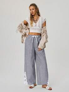 Freevana Bohemian Romantic Vacation Early Spring New Striped Lace Patchwork Wide Leg Pants For Women With Pockets - Black and White - View 5