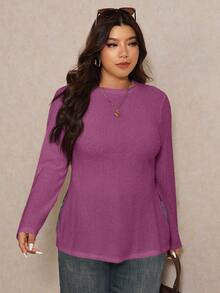 Elaquor 大码休闲侧开衩纯色圆领长袖T恤 - 中紫紅色 - 查看 6