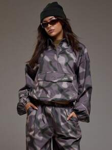 MUSERA Graphic Printed Collared Cinched Cropped Nylon Shirt Coord Top Only Fall Autumn  Coolgirl Cosy Cute Outdoors Explorer Spring Summer - Coffee Brown - View 1