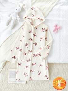 Girls' Cute Burgundy Bow Hooded Mid-Length Robe Sleepwear, Autumn/Winter Pajamas Dress  Tween Girls Pajamas-Hooded Nightgown Soft Fleece Red Bow Print White Hooded Long Sleeve Knee Length Warm Sleepwear Fall Winter Loungewear 2026 New Year Essential - Apricot - View 6