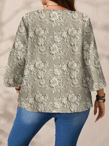 EMERY ROSE 大码女式优雅蕾丝印花宽松圆领七分袖上衣，休闲印花，秋冬款 - 彩色 - 查看 4
