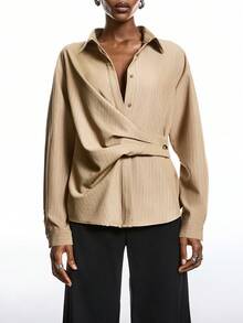 LYSMO 2025 Camicetta casual a righe minimalista per donne, camicia a righe di moda autunno e inverno, camicia casual da donna per Nuovo Anno, Ringraziamento, laurea, ritorno a scuola, insegnanti, collezione chic e alla moda da donna in stile Y2K anni 2000 - Cachi - Visualizzare 3