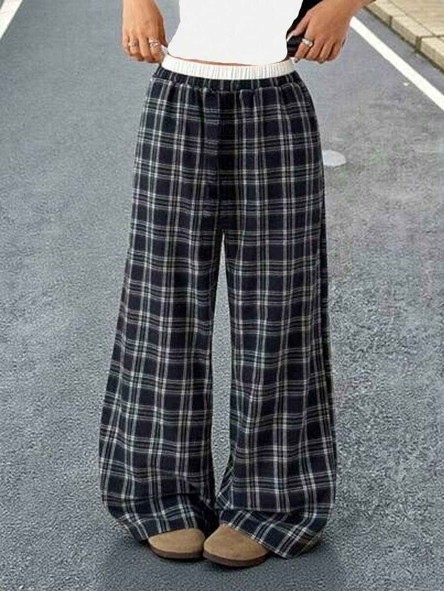 SHEIN Tween 女童休闲格纹印花直筒裤，返校季 - 灰色 - 查看 1