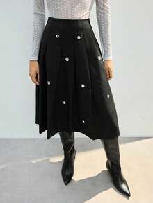 Maija Gonna a vita alta con design plissettato, versatile gonna a-line, gonna natalizia per donne, gonna per Capodanno, gonna nera per donna - nero - Visualizzare 4