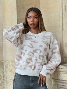 Mima John Women's Loose Drop Shoulder Casual Leopard Print Sweater, Autumn/Winter,Long Sleeve Tops Knit Pullover Fall Outfit - Multicolor - View 1