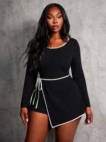 SHEIN SXY 大码女士性感休闲黑色圆领长袖撞色滚边短款连体裤，弹力修身连体裤，休闲商务装，适合日常、办公室、通勤、秋冬季穿着。 - 黑與白 - 查看 3