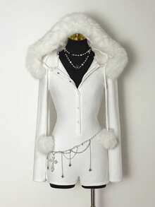 SHEIN DivaQ 女士白色人造毛皮连帽连体衣 - 白色 - 查看 1